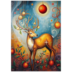 Darstellung des Puzzle Motivs Festlicher Weihnachtshirsch mit Ornamenten und Stechpalmen - Puzzleteile: 1000