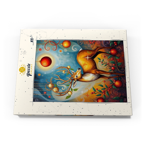Darstellung des Puzzle Motivs Festlicher Weihnachtshirsch mit Ornamenten und Stechpalmen Festive Christmas Deer with Ornaments and Holly 100 Puzzle Schachtel Ansicht3