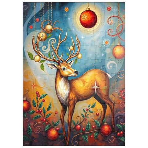 Darstellung des Puzzle Motivs Festlicher Weihnachtshirsch mit Ornamenten und Stechpalmen puzzleplate Festive Christmas Deer with Ornaments and Holly 100 Puzzle