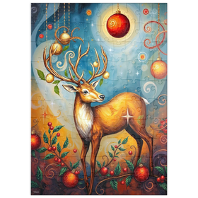 Darstellung des Puzzle Motivs Festlicher Weihnachtshirsch mit Ornamenten und Stechpalmen - Puzzleteile: 100