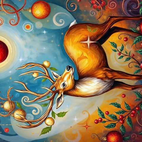 Darstellung des Puzzle Motivs Festlicher Weihnachtshirsch mit Ornamenten und Stechpalmen Festive Christmas Deer with Ornaments and Holly 100 Puzzle 3D Modell