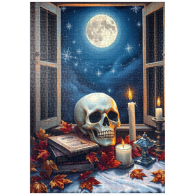 Darstellung des Puzzle Motivs Mystisches Stillleben mit Totenkopf, Kerzen und Vollmond - Puzzleteile: 1000