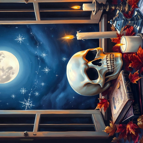Darstellung des Puzzle Motivs Mystisches Stillleben mit Totenkopf, Kerzen und Vollmond Mystical Still Life with Skull, Candles, and Full Moon 1000 Puzzle 3D Modell