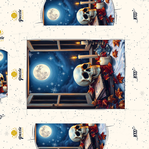 Darstellung des Puzzle Motivs Mystisches Stillleben mit Totenkopf, Kerzen und Vollmond Mystical Still Life with Skull, Candles, and Full Moon 1000 Puzzle Schachtel 3D Modell