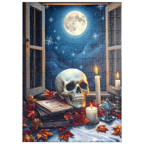 Darstellung des Puzzle Motivs Mystisches Stillleben mit Totenkopf, Kerzen und Vollmond puzzleplate Mystical Still Life with Skull, Candles, and Full Moon 100 Puzzle