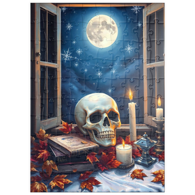 Darstellung des Puzzle Motivs Mystisches Stillleben mit Totenkopf, Kerzen und Vollmond - Puzzleteile: 100