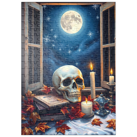Darstellung des Puzzle Motivs Mystisches Stillleben mit Totenkopf, Kerzen und Vollmond puzzleplate Mystical Still Life with Skull, Candles, and Full Moon 200 Puzzle
