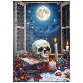 Darstellung des Puzzle Motivs Mystisches Stillleben mit Totenkopf, Kerzen und Vollmond - Puzzleteile: 200