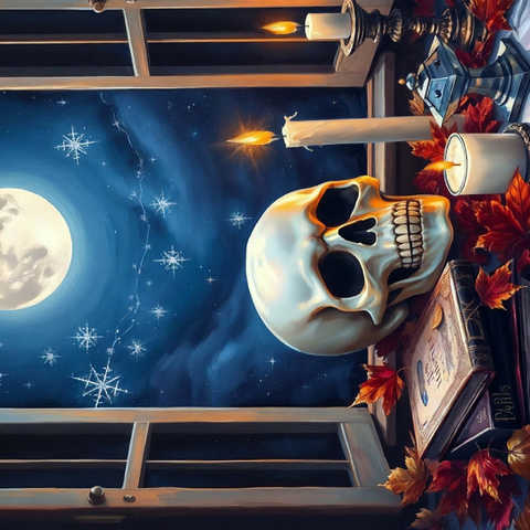 Darstellung des Puzzle Motivs Mystisches Stillleben mit Totenkopf, Kerzen und Vollmond Mystical Still Life with Skull, Candles, and Full Moon 200 Puzzle 3D Modell