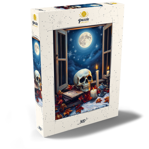 Darstellung des Puzzle Motivs Mystisches Stillleben mit Totenkopf, Kerzen und Vollmond Mystical Still Life with Skull, Candles, and Full Moon 500 Puzzle Schachtel Ansicht2