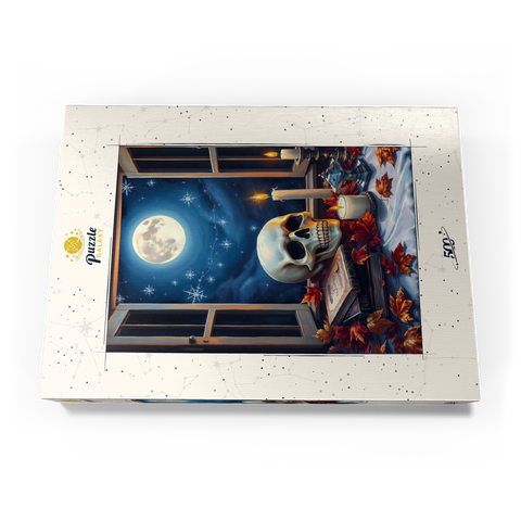 Darstellung des Puzzle Motivs Mystisches Stillleben mit Totenkopf, Kerzen und Vollmond Mystical Still Life with Skull, Candles, and Full Moon 500 Puzzle Schachtel Ansicht3