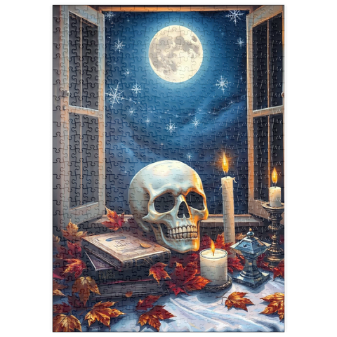 Darstellung des Puzzle Motivs Mystisches Stillleben mit Totenkopf, Kerzen und Vollmond puzzleplate Mystical Still Life with Skull, Candles, and Full Moon 500 Puzzle