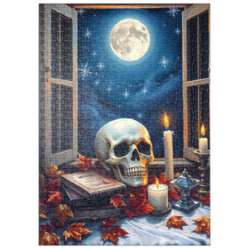 Darstellung des Puzzle Motivs Mystisches Stillleben mit Totenkopf, Kerzen und Vollmond - Puzzleteile: 500