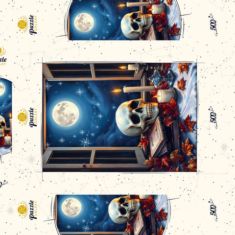 Darstellung des Puzzle Motivs Mystisches Stillleben mit Totenkopf, Kerzen und Vollmond Mystical Still Life with Skull, Candles, and Full Moon 500 Puzzle Schachtel 3D Modell