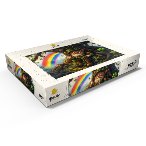 Darstellung des Puzzle Motivs Fröhlicher Kobold mit Goldmünzen und Regenbogen im Zauberwald Cheerful Leprechaun with Gold Coins and Rainbow in Enchanted Forest 1000 Puzzle Schachtel Ansicht1