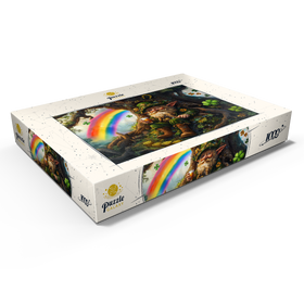 Darstellung des Puzzle Motivs Fröhlicher Kobold mit Goldmünzen und Regenbogen im Zauberwald - Puzzleteile: 1000