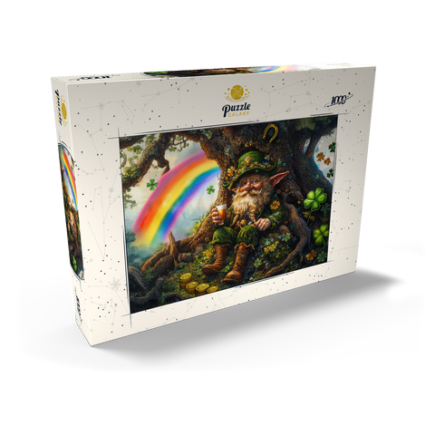 Darstellung des Puzzle Motivs Fröhlicher Kobold mit Goldmünzen und Regenbogen im Zauberwald Cheerful Leprechaun with Gold Coins and Rainbow in Enchanted Forest 1000 Puzzle Schachtel Ansicht2