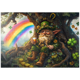 Darstellung des Puzzle-Motivs Fröhlicher Kobold mit Goldmünzen und Regenbogen im Zauberwald – Puzzleteile: 1000