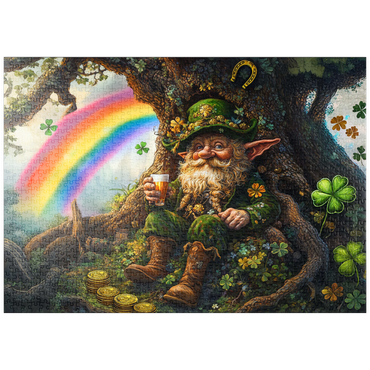 Darstellung des Puzzle Motivs puzzleplate Cheerful Leprechaun with Gold Coins and Rainbow in Enchanted Forest 1000 Puzzle
