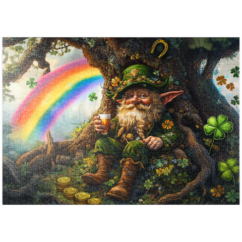 Darstellung des Puzzle Motivs Fröhlicher Kobold mit Goldmünzen und Regenbogen im Zauberwald puzzleplate Cheerful Leprechaun with Gold Coins and Rainbow in Enchanted Forest 1000 Puzzle