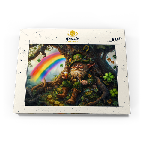 Darstellung des Puzzle Motivs Fröhlicher Kobold mit Goldmünzen und Regenbogen im Zauberwald Cheerful Leprechaun with Gold Coins and Rainbow in Enchanted Forest 100 Puzzle Schachtel Ansicht3