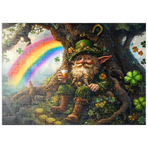 Darstellung des Puzzle Motivs Fröhlicher Kobold mit Goldmünzen und Regenbogen im Zauberwald puzzleplate Cheerful Leprechaun with Gold Coins and Rainbow in Enchanted Forest 100 Puzzle