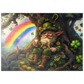 Darstellung des Puzzle Motivs Fröhlicher Kobold mit Goldmünzen und Regenbogen im Zauberwald - Puzzleteile: 100