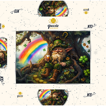 Darstellung des Puzzle Motivs Cheerful Leprechaun with Gold Coins and Rainbow in Enchanted Forest 100 Puzzle Schachtel 3D Modell