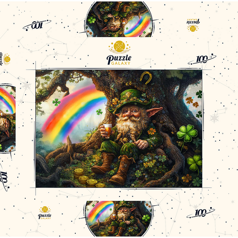 Darstellung des Puzzle Motivs Fröhlicher Kobold mit Goldmünzen und Regenbogen im Zauberwald Cheerful Leprechaun with Gold Coins and Rainbow in Enchanted Forest 100 Puzzle Schachtel 3D Modell
