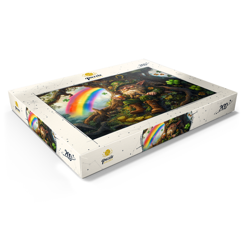 Darstellung des Puzzle Motivs Fröhlicher Kobold mit Goldmünzen und Regenbogen im Zauberwald Cheerful Leprechaun with Gold Coins and Rainbow in Enchanted Forest 200 Puzzle Schachtel Ansicht1