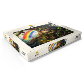 Darstellung des Puzzle Motivs Fröhlicher Kobold mit Goldmünzen und Regenbogen im Zauberwald - Puzzleteile: 200