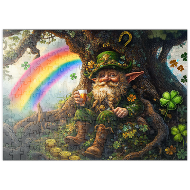 Darstellung des Puzzle Motivs puzzleplate Cheerful Leprechaun with Gold Coins and Rainbow in Enchanted Forest 200 Puzzle