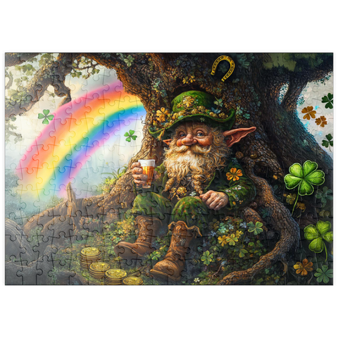 Darstellung des Puzzle Motivs Fröhlicher Kobold mit Goldmünzen und Regenbogen im Zauberwald puzzleplate Cheerful Leprechaun with Gold Coins and Rainbow in Enchanted Forest 200 Puzzle