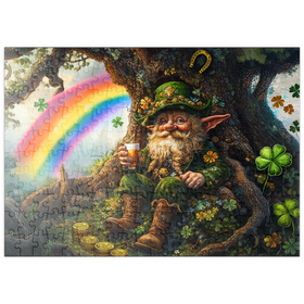 Darstellung des Puzzle Motivs Fröhlicher Kobold mit Goldmünzen und Regenbogen im Zauberwald - Puzzleteile: 200
