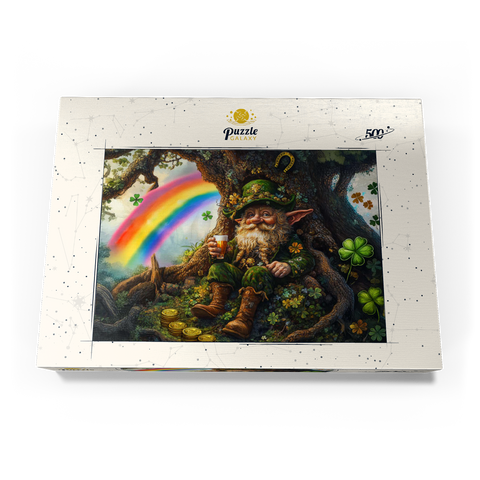 Darstellung des Puzzle Motivs Fröhlicher Kobold mit Goldmünzen und Regenbogen im Zauberwald Cheerful Leprechaun with Gold Coins and Rainbow in Enchanted Forest 500 Puzzle Schachtel Ansicht3
