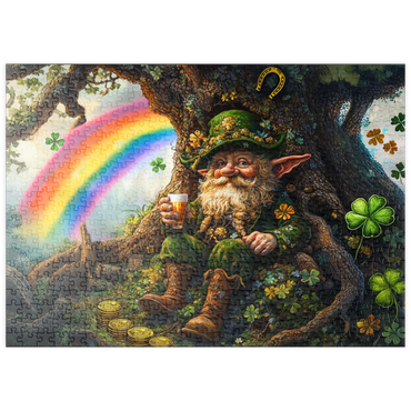 Darstellung des Puzzle Motivs puzzleplate Cheerful Leprechaun with Gold Coins and Rainbow in Enchanted Forest 500 Puzzle