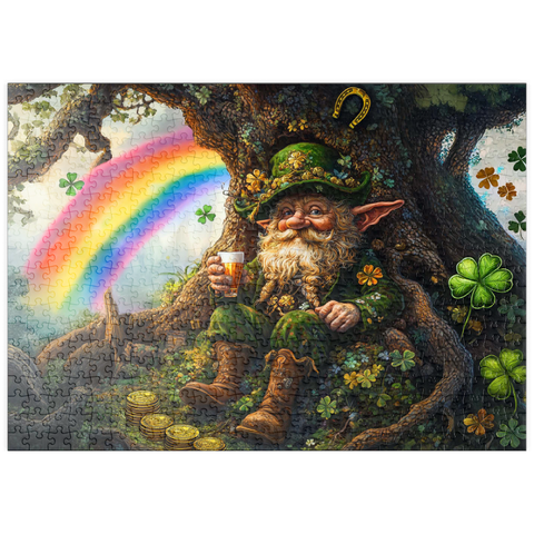 Darstellung des Puzzle Motivs Fröhlicher Kobold mit Goldmünzen und Regenbogen im Zauberwald puzzleplate Cheerful Leprechaun with Gold Coins and Rainbow in Enchanted Forest 500 Puzzle