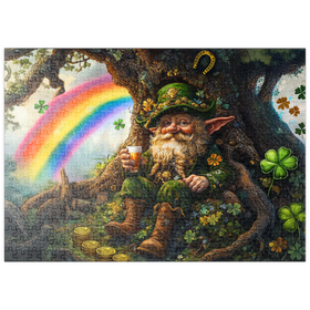 Darstellung des Puzzle Motivs Fröhlicher Kobold mit Goldmünzen und Regenbogen im Zauberwald - Puzzleteile: 500