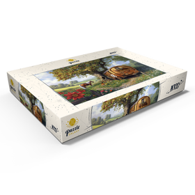Darstellung des Puzzle Motivs Charmante Zigeunerwagen mit Pferd unter einem Apfelbaum in blühender Landschaft - Puzzleteile: 1000