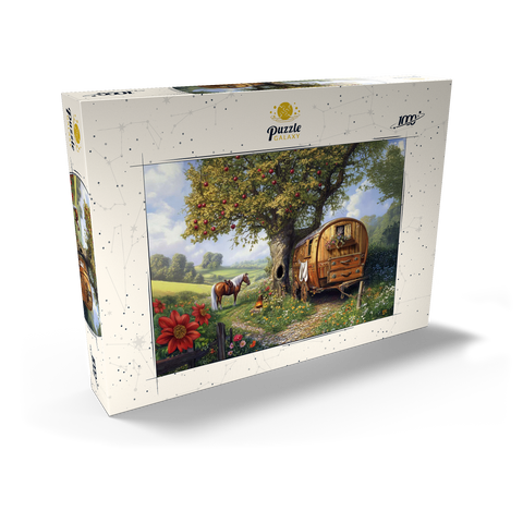 Darstellung des Puzzle Motivs Charmante Zigeunerwagen mit Pferd unter einem Apfelbaum in blühender Landschaft Charming Gypsy Caravan with Horse Under an Apple Tree in Blooming Countryside 1000 Puzzle Schachtel Ansicht2