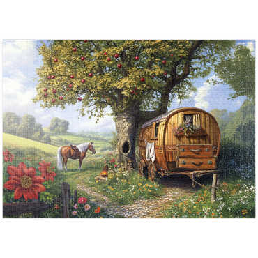 Darstellung des Puzzle Motivs puzzleplate Charming Gypsy Caravan with Horse Under an Apple Tree in Blooming Countryside 1000 Puzzle