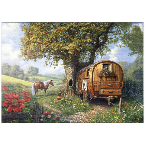 Darstellung des Puzzle Motivs Charmante Zigeunerwagen mit Pferd unter einem Apfelbaum in blühender Landschaft puzzleplate Charming Gypsy Caravan with Horse Under an Apple Tree in Blooming Countryside 1000 Puzzle