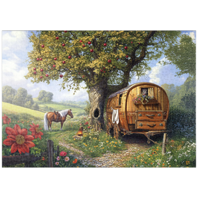 Darstellung des Puzzle Motivs Charmante Zigeunerwagen mit Pferd unter einem Apfelbaum in blühender Landschaft - Puzzleteile: 1000
