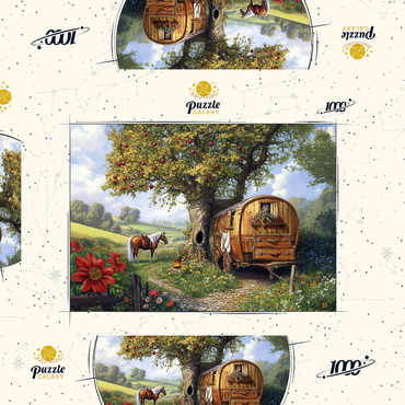 Darstellung des Puzzle Motivs Charming Gypsy Caravan with Horse Under an Apple Tree in Blooming Countryside 1000 Puzzle Schachtel 3D Modell