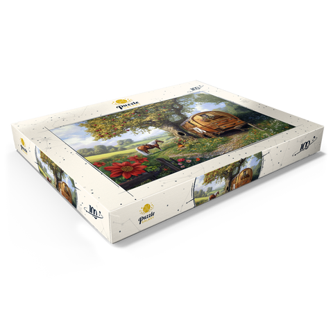 Darstellung des Puzzle Motivs Charmante Zigeunerwagen mit Pferd unter einem Apfelbaum in blühender Landschaft Charming Gypsy Caravan with Horse Under an Apple Tree in Blooming Countryside 100 Puzzle Schachtel Ansicht1
