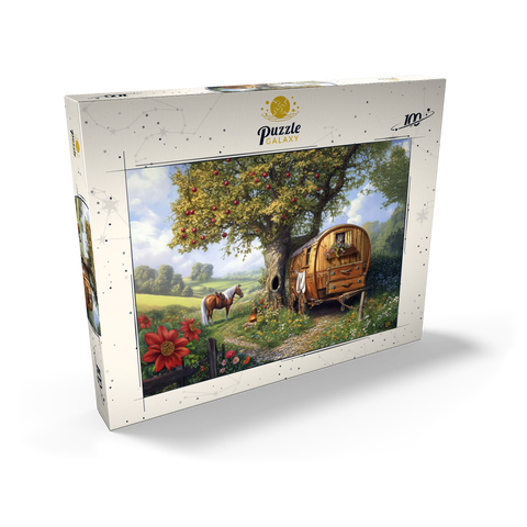 Darstellung des Puzzle Motivs Charmante Zigeunerwagen mit Pferd unter einem Apfelbaum in blühender Landschaft Charming Gypsy Caravan with Horse Under an Apple Tree in Blooming Countryside 100 Puzzle Schachtel Ansicht2