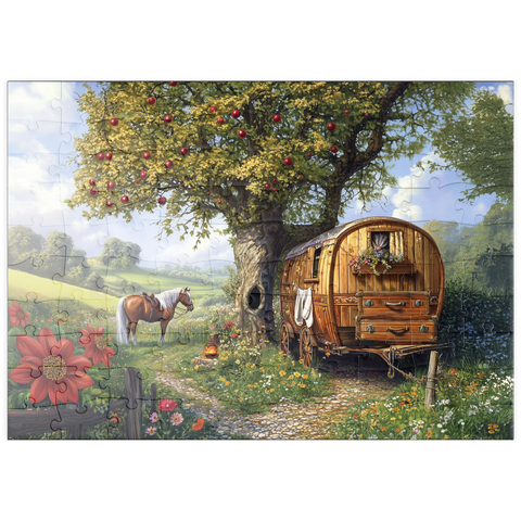 Darstellung des Puzzle Motivs Charmante Zigeunerwagen mit Pferd unter einem Apfelbaum in blühender Landschaft puzzleplate Charming Gypsy Caravan with Horse Under an Apple Tree in Blooming Countryside 100 Puzzle