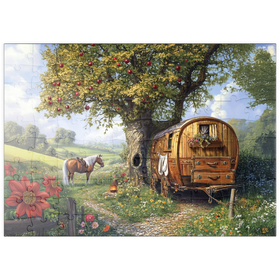 Darstellung des Puzzle Motivs Charmante Zigeunerwagen mit Pferd unter einem Apfelbaum in blühender Landschaft - Puzzleteile: 100