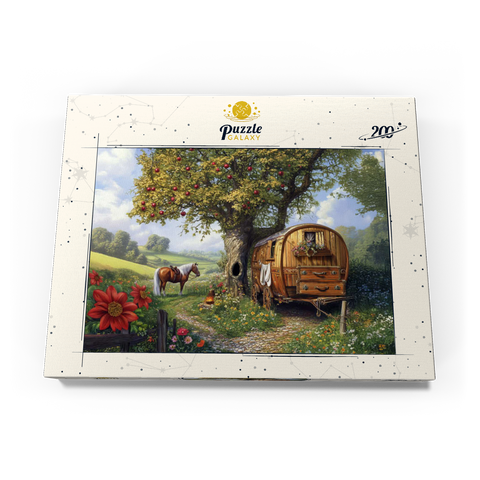 Darstellung des Puzzle Motivs Charmante Zigeunerwagen mit Pferd unter einem Apfelbaum in blühender Landschaft Charming Gypsy Caravan with Horse Under an Apple Tree in Blooming Countryside 200 Puzzle Schachtel Ansicht3