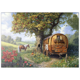 Darstellung des Puzzle-Motivs Charmante Zigeunerwagen mit Pferd unter einem Apfelbaum in blühender Landschaft – Puzzleteile: 200